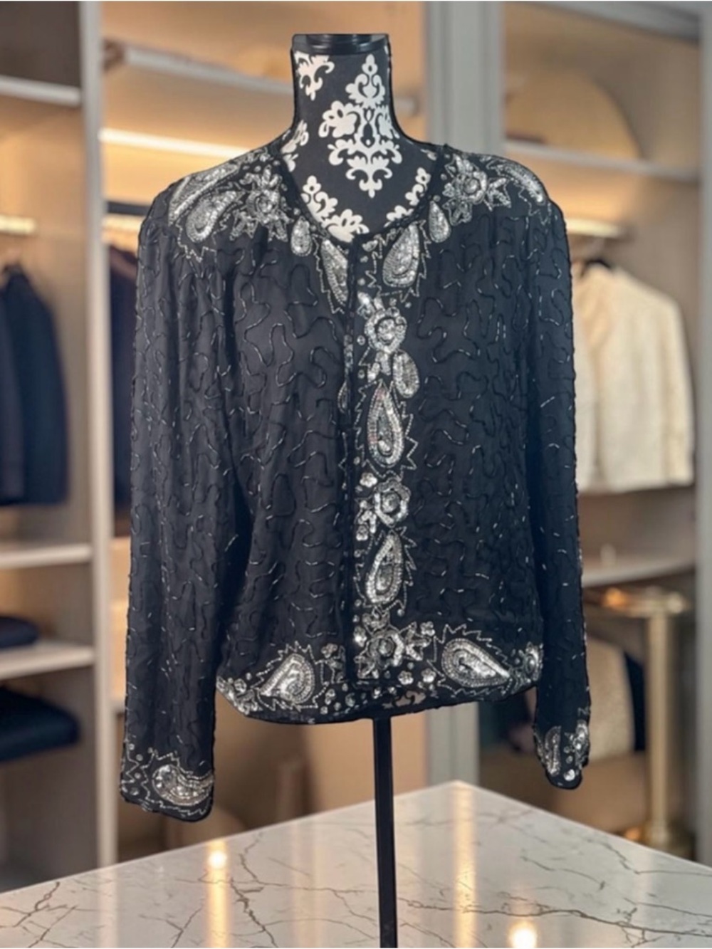 Vintage Black Silk Beaded Sequin Jacket Evening Formal Paisley Size XXXL​